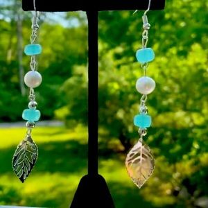 Pearl , Aqua Chalcedony  & Leaf Earrings Silver Pl